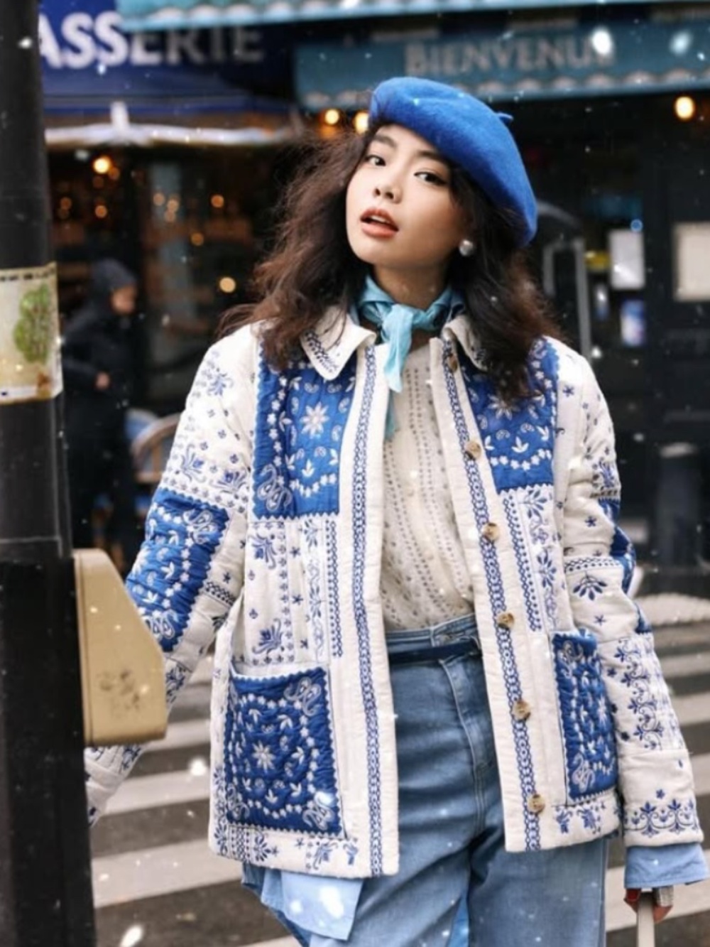 Sezane Smith Jacket Blue Ecru Bandana - Size 4 - very good condition